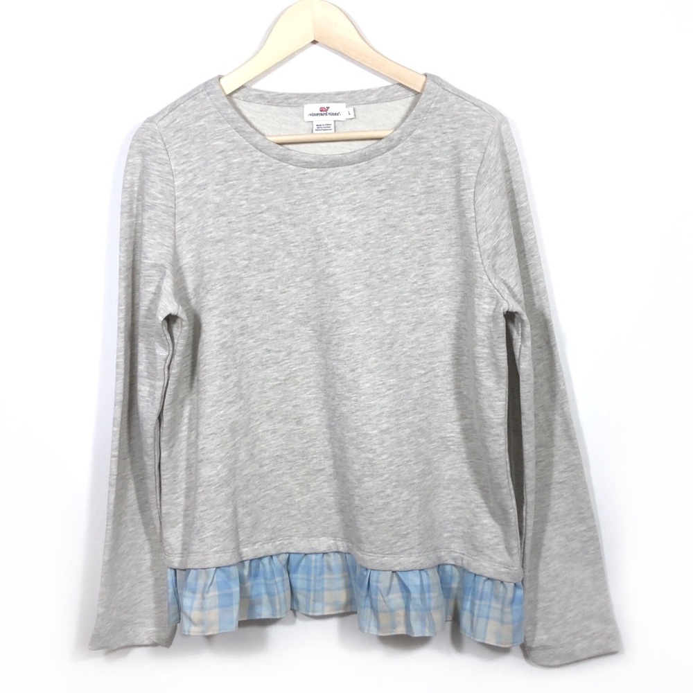 L Vineyard Vines Gray Pullover Sweater Plaid Hem